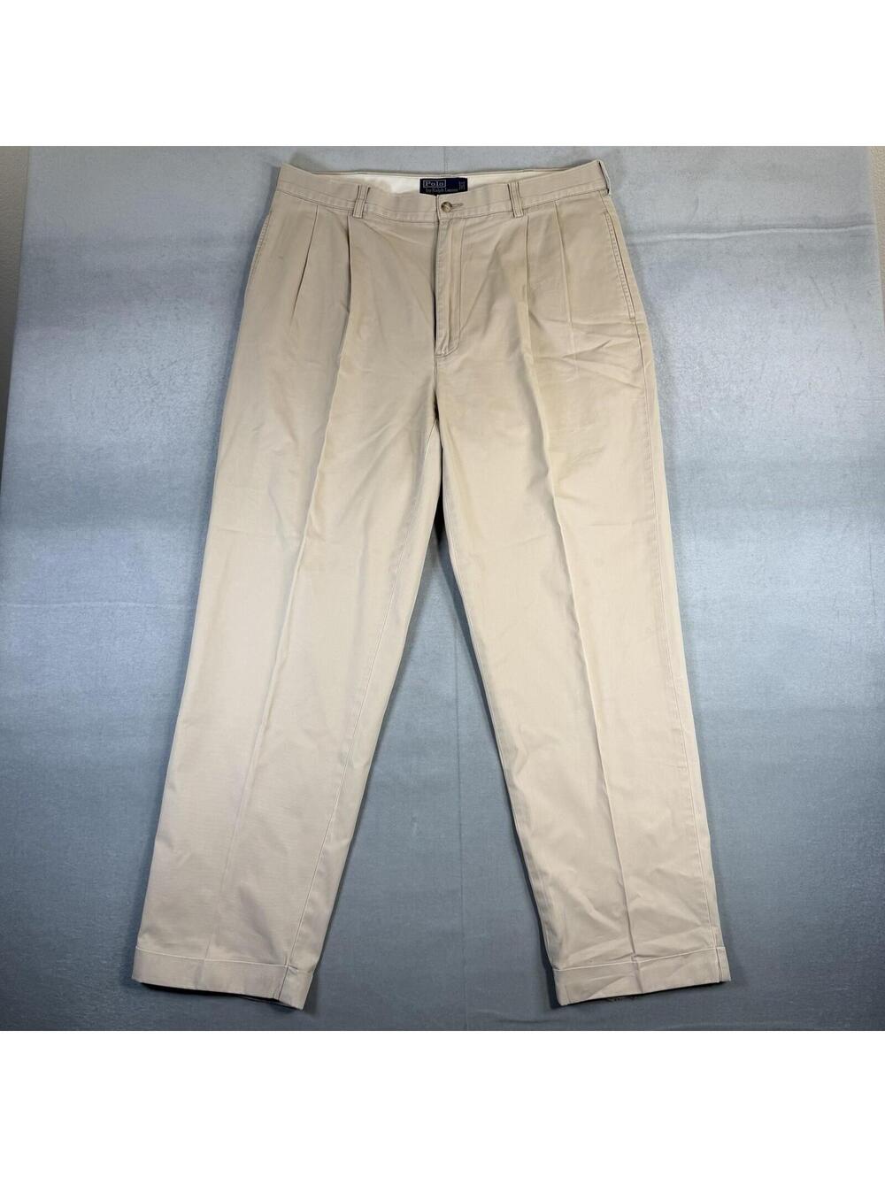 VTG Polo Ralph Lauren Pleated Pants Mens 36x32 Cream Hammond Chino Cuffed 90s